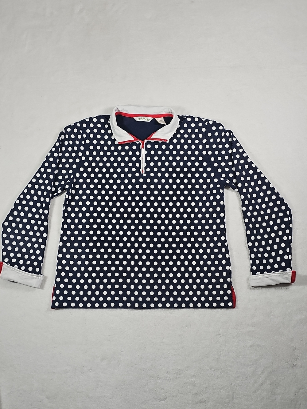 Orvis Womens Navy‎ Blue White Polka Dot Quarter Zip Polo Shirt Red Trim Size M